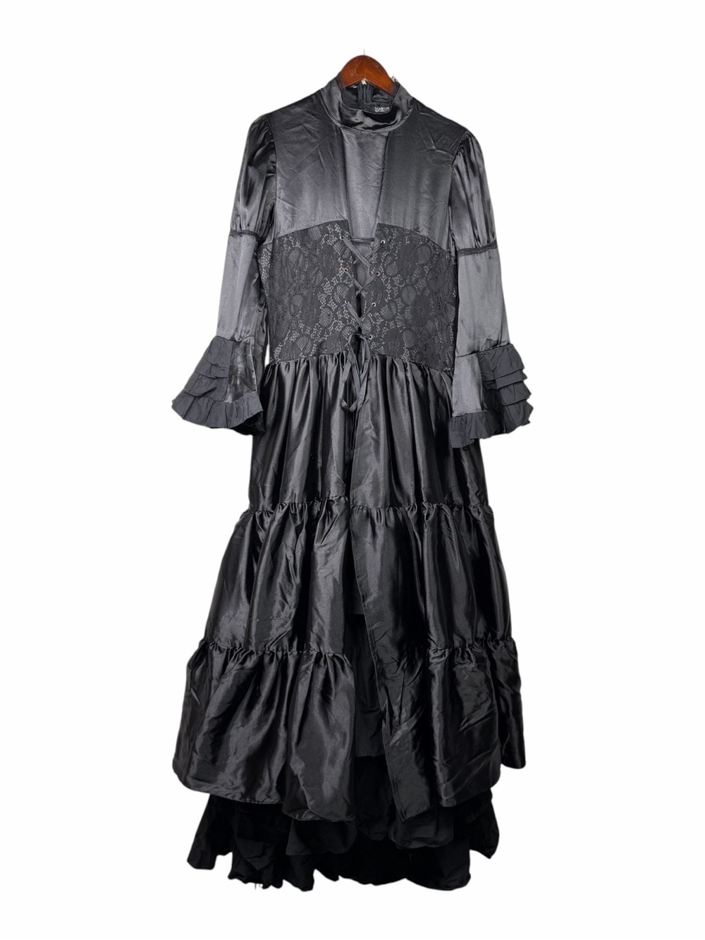 Vampire Gothic Goth Victorian Satin Long Ruffle Dress Black Witchy Ren Faire L